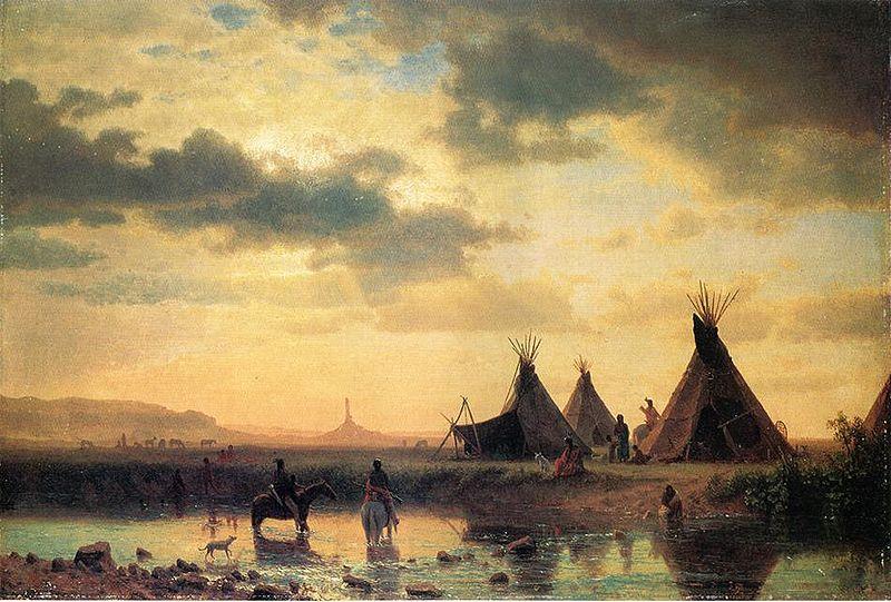 Albert Bierstadt View of Chimney Rock, Ogalillalh Sioux Village in Foreground Norge oil painting art